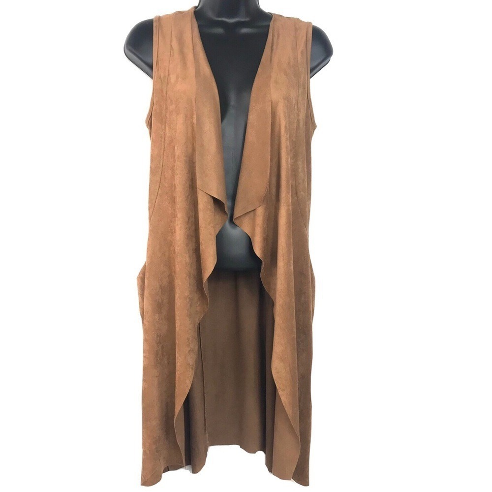 Brown Suede Waterfall Duster Vest Open Front Pockets Western Equestrian Ranch